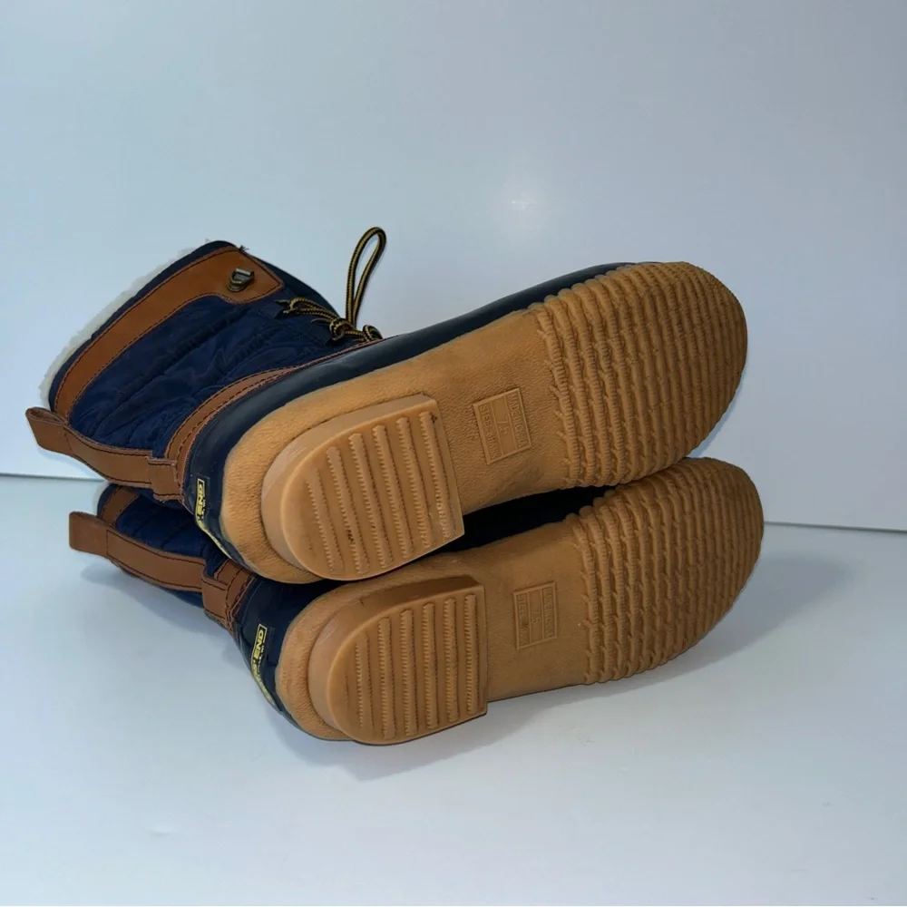 Lands' End Duck Boots Women's 7.5 Sherpa Lined Navy Camel Waterproof Lace Up‎